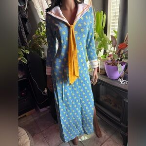 Blue Floral Maxi Dress with Yellow Tie